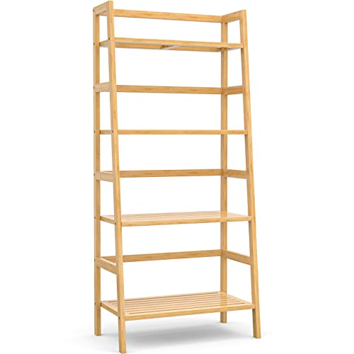 Bamboo Ladder Shelf, 4-Tier Wooden Ladder Bookshelf & Bookcase Organizer | 49.2” Freestanding Open Display Storage Shelves, Wood Plant Stand Rack for Small Space, Bathroom, Living Room, Bedroom - color: Natural