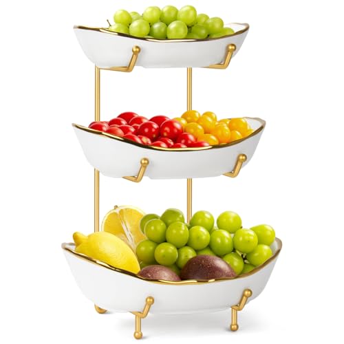 3-Tier Ceramic Fruit Bowl, Modern Fruit Basket for Kitchen Countertop, Tiered Fruit Display Stand with Gold Metal Stand, Non-Slip & Chip-Resistant, Dishwasher Safe (Gold&White) - color: Gold&White