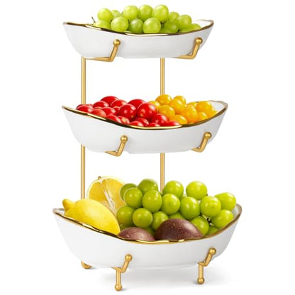 3-Tier Ceramic Fruit Bowl, Modern Fruit Basket for Kitchen Countertop, Tiered Fruit Display Stand with Gold Metal Stand, Non-Slip & Chip-Resistant, Dishwasher Safe (Gold&White) - color: Gold&White