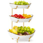 3-Tier Ceramic Fruit Bowl, Modern Fruit Basket for Kitchen Countertop, Tiered Fruit Display Stand with Gold Metal Stand, Non-Slip & Chip-Resistant, Dishwasher Safe (Gold&White) - color: Gold&White