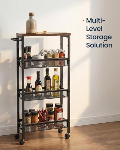 SONGMICS HOME Slim Rolling Cart, 4-Tier Storage Cart with Wheels and Handle, Narrow Utility Cart for Kitchen, Living Room, Brown and Black - style: 4 Tiers