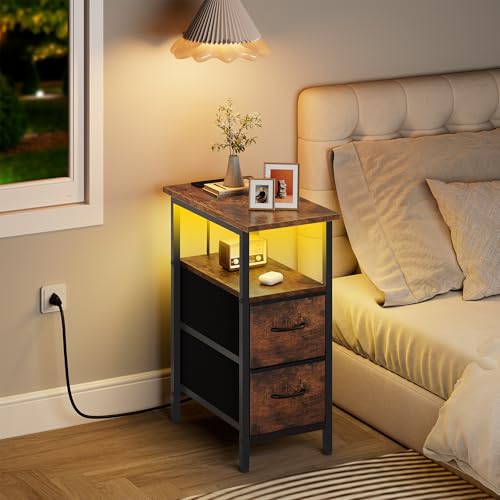 Vagusicc Set of 2 Nightstand with Charging Station and LED Lights, Narrow Side Table, LED Night Stand with 2 Fabric Drawers, Bedside Table Small End Table, Tall Nightstand for Bedroom, Rustic Brown - color: Rustic Brown, size: 2, style: With LEDs