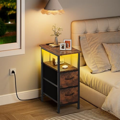 Vagusicc Set of 2 Nightstand with Charging Station and LED Lights, Narrow Side Table, LED Night Stand with 2 Fabric Drawers, Bedside Table Small End Table, Tall Nightstand for Bedroom, Rustic Brown - color: Rustic Brown, size: 2, style: With LEDs