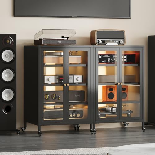 Metal Media Cabinet with 13-Color LED Lights & Swivel Wheels, 4-Tier Stereo Cabinet with Glass Doors, Adjustable Shelves AV Rack with Cable Management, Black - color: Black, style: Swivel Wheels + RGB Lights