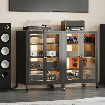 Metal Media Cabinet with 13-Color LED Lights & Swivel Wheels, 4-Tier Stereo Cabinet with Glass Doors, Adjustable Shelves AV Rack with Cable Management, Black - color: Black, style: Swivel Wheels + RGB Lights