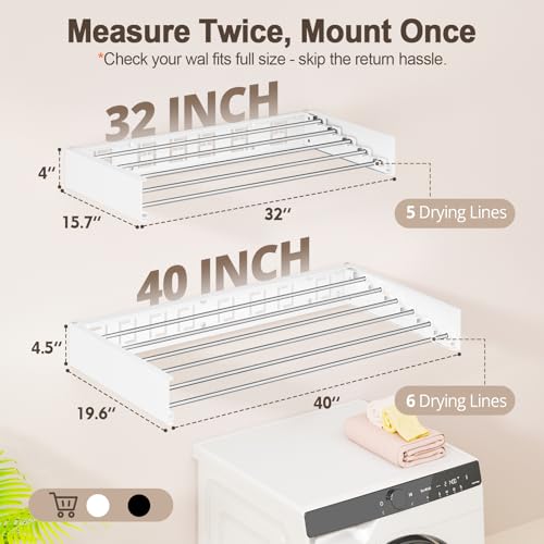 Wall Mounted Clothes Drying Rack Folding Indoor, Foldable Laundry Drying Rack Collapsible,Invisible, Space Saving, Retractable Towel Drying Rack, with Wall Template(6 Drying Rods, White 40") - color: White, size: White-40"