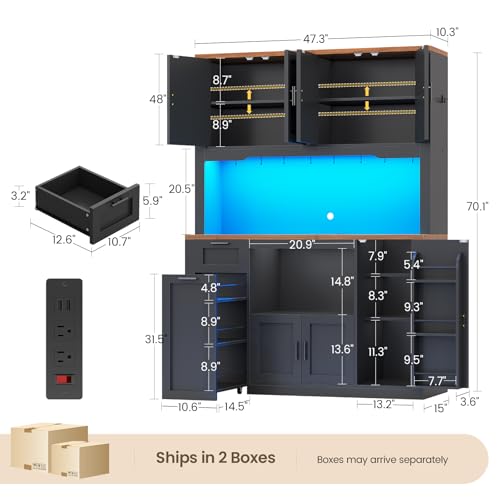 Itaar 71" Pantry Cabinet with Charging Station and LED Light, Kitchen Pantry Cabinet with Microwave Stand, 47.2" Wide Kitchen Storage Cabinets with Storage Cart 3 Tier for Dining Room, Black - color: Black