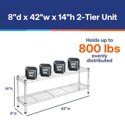 SI 8" d x 42" w Chrome Wire Shelving with 2 Tier Shelves, 800lbs Capacity Each, Modern, Contemporary, Industrial Style - size: 8" d x 42" w x 14" h