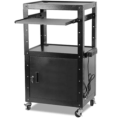 AV Carts, Rolling Presentation Cart Station, Height Adjustable Media Cart for Video Projector, TV, Printers, Computers with 1 Storage Locking Cabinet, 1 Sliding Keyboard Tray, 3 Outlets, 2 USB Ports