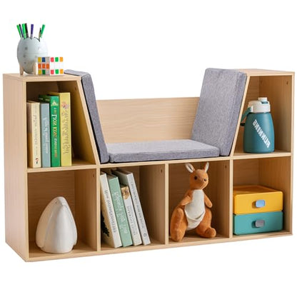 HOMCOM 6-Cubby Kids Bookcase with Reading Nook and Cushion, Multi-Purpose Storage Organizer for Bedroom, Living Room, Natural - color: Natural Wood
