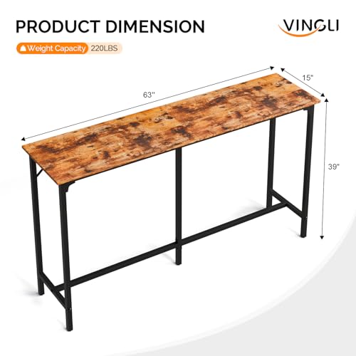 VINGLI 63 Inch Bar Table, Rectangular Counter Height Home Pub Table, Brown | High Top, Multi-Scene Use for Kitchen Dining Living Room Sofa Entryway, Wooden Tabletop & Metal Base, Easy to Install - color: Brown, size: 63"L