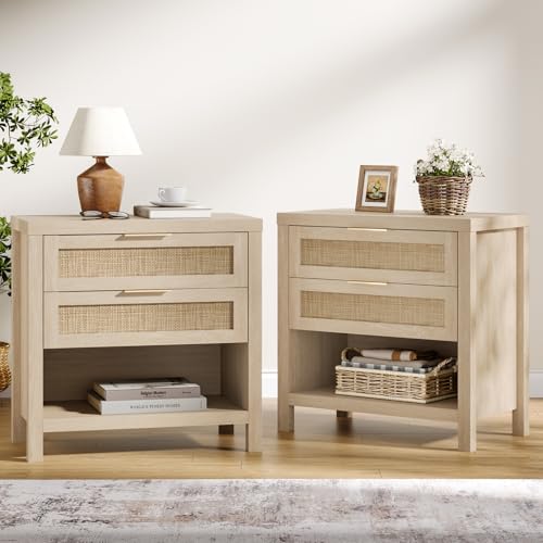 Eclatara Rattan Nightstands Set of 2, Farmhouse Bedside Table with 2 Drawers and Storage Shelf, Rattan Boho Accent Night Stands for Bedroom Large Space Sofa (2, Original Oak) - color: Original Oak (Large 2 Drawer)