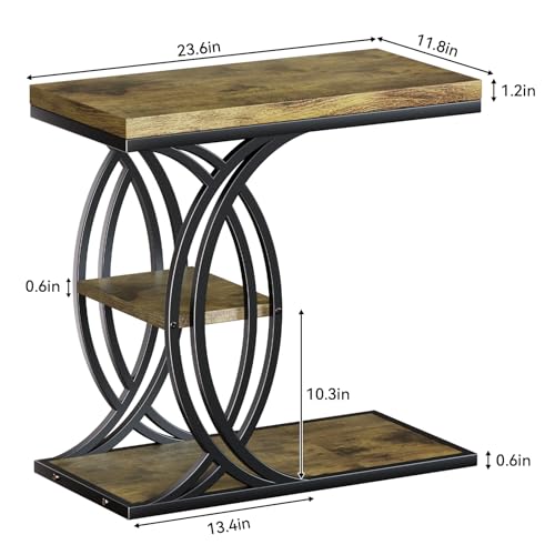 C Shaped End Table, Bed Side Table, 3-Tier Side Table with Metal Frame, Wood End Table with Storage for Living Room, Couch, Sofa, Bedroom, Easy Assembly, 23.6" D*11.8" W*23.6" H, Rustic Brown