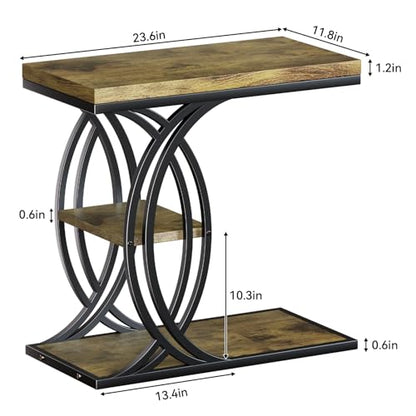 C Shaped End Table, Bed Side Table, 3-Tier Side Table with Metal Frame, Wood End Table with Storage for Living Room, Couch, Sofa, Bedroom, Easy Assembly, 23.6" D*11.8" W*23.6" H, Rustic Brown