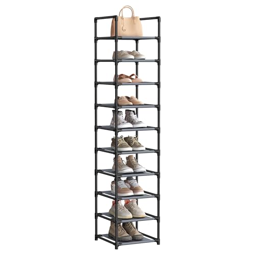 SONGMICS Shoe Rack, 10-Tier Shoe Shelf, Shoe Storage Organizer, 13 x 13 x 68 Inches, Metal Frame, Non-Woven Fabric Shelves, for Entryway, Bedroom, Gray ULSR110G01 - color: Grey, size: 13"D x 13"W