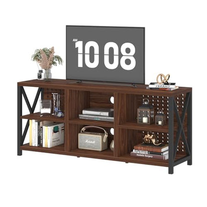 LVB Walnut TV Stand for 65 Inch TV, Industrial Wood and Metal Entertainment Center with Storage Shelf, Modern Television Media Console Table with Cabinet for Living Room Bedroom, Walnut, 55in - color: Walnut
