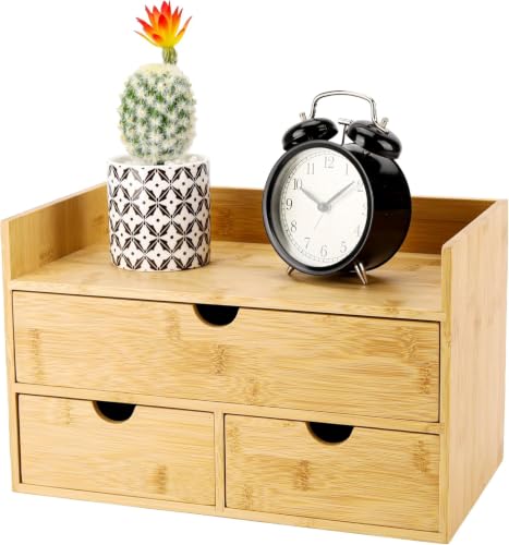 Charmewooden Bamboo Desk Organizer 3 Drawer with shelf, Countertop Organizer with Drawers Makeup Storage Drawer 3 Drawers Tabletop Storage Organization Box Home Office Workspace - color: 3 drawers with shelf
