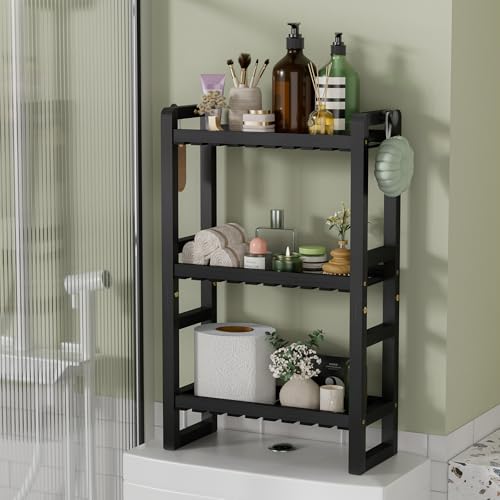 AmazerBath Bamboo Over The Toilet Storage Shelf - 3-Tier Bathroom Organizers and Storage Shelves, 2 in 1 Dual Stable Above Over Toilet Bamboo Shelf Home Storages Rack for Small Bathroom, Black - color: Black, size: 3-Tier