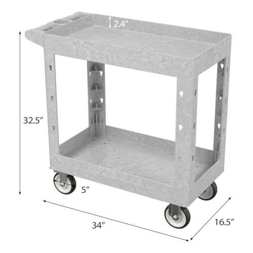 Large Garage Plastic Utility Cart, Heavy Duty 2 Shelf Tool Cart Service Cart Rolling Push Carts with Ergonomic Handle 5" Swivel Casters. - color: Gray, size: 34 x 17 Inch