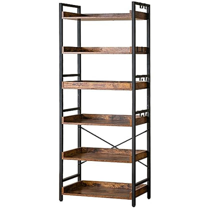 HCHQHS Adjustable 6 Tier Open Bookcase, Rustic Farmhouse Book Shelves, Industrial Wood and Black Metal Bookshelves, Mid Century Bookcase for Home Office Living Room Bedroom - color: Rustic Brown, size: 6-Tier (24"W x 70"H)