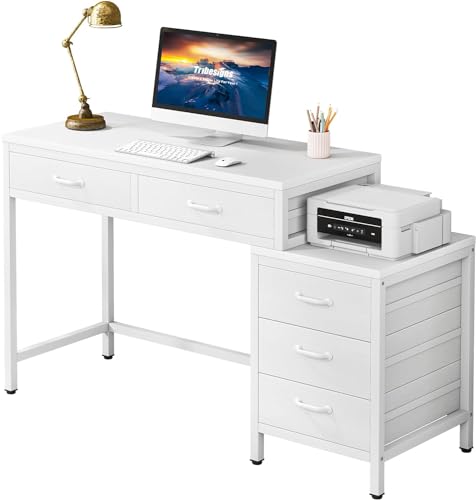 Tribesigns Computer Desk with 5 Drawers, Home Office Desks with Reversible Drawer Cabinet Printer Stand, Industrial PC Desk with Storage, White Study Writing Table Workstation for Small Spaces - color: White
