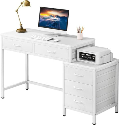 Tribesigns Computer Desk with 5 Drawers, Home Office Desks with Reversible Drawer Cabinet Printer Stand, Industrial PC Desk with Storage, White Study Writing Table Workstation for Small Spaces - color: White