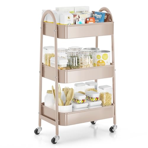 3 Tier Rolling Cart, Large Metal Storage Cart with Handle and Lockable Wheels, Big Multifunctional Storage Organizer Trolley with Mesh Baskets for Kitchen, Living Room, Office, Garage (Beige) - color: Beige, size: Large
