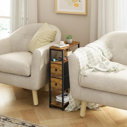 KLUVIS Narrow Nightstands Set 2 - Skinny Side Table Slim Night Stand for Small Space Bedroom Thin Bedsides Tables with 2 Drawers, Farmhouse Brown