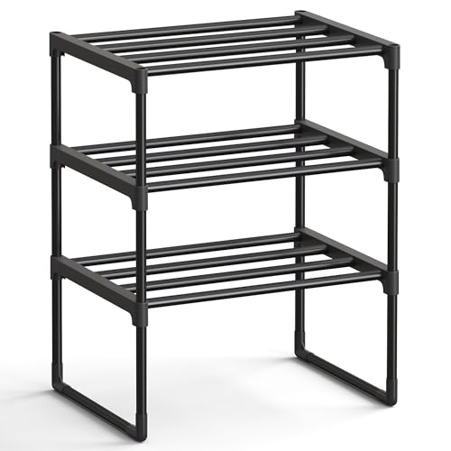 SONGMICS Shoe Rack, 3-Tier Shoe Organizer, Metal Storage Shelf, Upright or Upside Down, for 4-8 Pairs, Stackable, for Entryway, 11.8 x 16.7 x 21.5 Inches, Black ULSA003B01 - color: Black, size: 3 Tiers (16.7"W)