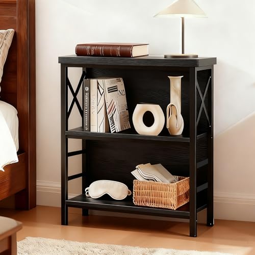 MNEETRUNG Small Bookshelf,3 Tier Industrial Bookcase with Metal Frame and Backboard,Low Black Book Shelf,Book case for Small Spaces,Living Room,Bedroom and Home Office - color: Black, size: 3-Tier (29.5"W x 11.8"D x 29.2"H)