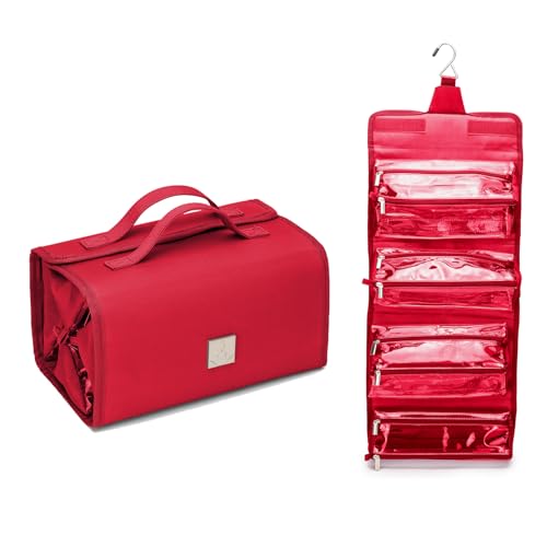 Roll Up Makeup Bag, Travel Toiletry Bag for Women with 4 Clear TSA Approved Pouches, Hanging Travel Organizer, Folding Cosmetic Bag for Men and Women - color: Red