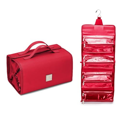 Roll Up Makeup Bag, Travel Toiletry Bag for Women with 4 Clear TSA Approved Pouches, Hanging Travel Organizer, Folding Cosmetic Bag for Men and Women - color: Red