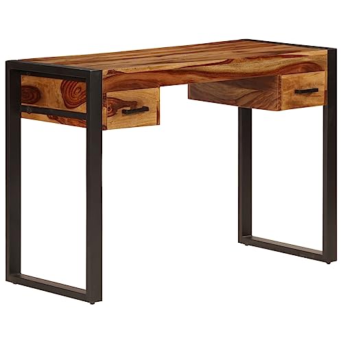 Industrial Writing Desk with Drawers, Solid Acacia Wood Home Office Workstation, Powder-Coated Steel Frame, Compact Study Computer Desk, 43.3 x 19.7 x 30.3 Inch