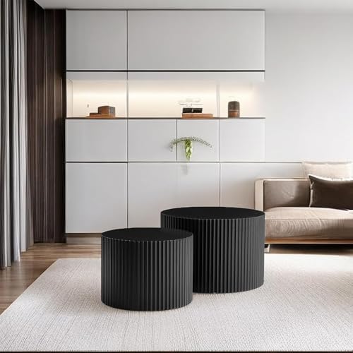 Round Nesting Coffee Table Set of 2 Modern Black Fluted Coffee Table Small Round End Table Side Table Circular Coffee Tables Circle Nested Coffee Tables for Living Room (Black Small) - color: Black Small