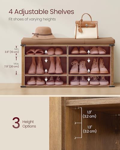 VASAGLE LIRY Collection - Shoe Storage Bench with Removable Cushion, Shoe Rack with Padded Seat, Entryway Bench with 6 Open Compartmens, Adjustable Shelves, Honey Brown ULSB105K01 - color: Honey Brown, size: 12.2"D x 40.2"W x 20"H