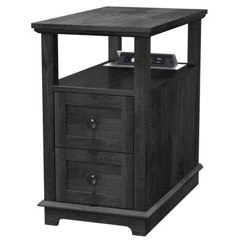HIFYOBRO Narrow End Table with Flip Top Charging Station and 2 Drawers, Type-C & USB Port & Power outlets, Wooden Storage Cabinet, Side Table with Storage for Living Room and Bedroom - color: Blackgrey, size: 1 Piece