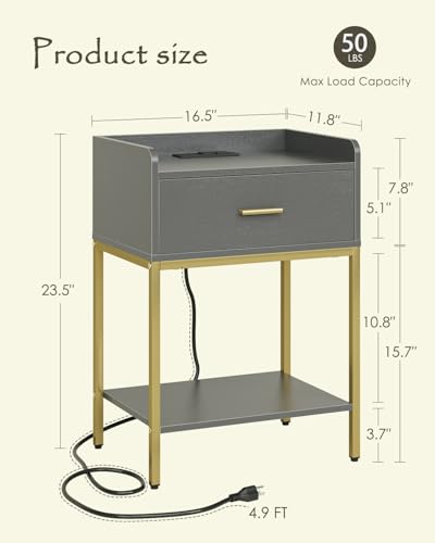 Nightstand with Charging Station,3-Tier Bedside Table for Small Space,Modern Night Stand with Storage Drawer and Shelf,Small Side Table for Bedroom,Living Room,Gray - color: Gray With Charging Station