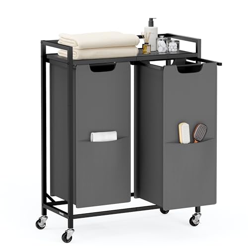 VASAGLE Laundry Sorter, 29 Gal. (110 L) Laundry Hamper Basket with 2 Compartments, Rolling Cart with Wheels, Shelf, Removable Bags, Pockets, Slate Gray and Charcoal Gray UBLH021G01 - color: Slate Gray + Charcoal Gray, size: 2 Bags - 110 L