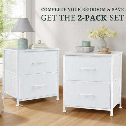 Nightstand Set of 2 Small 2 Drawer Dresser End Table Bedside Furniture | Wooden Top Fabric Bins for Bedroom, Closet, Entryway, Dorm, 11.8" D x 18" W x 20", White - color: White