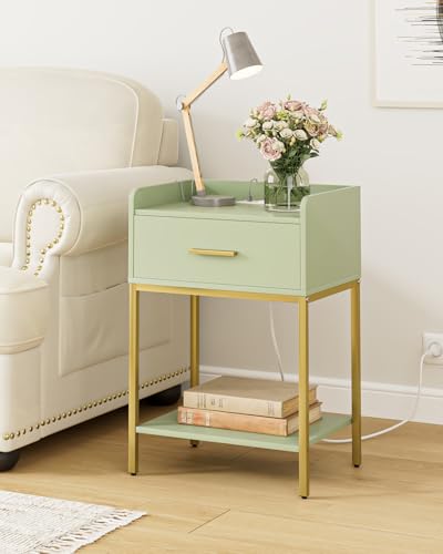 Nightstand with Charging Station,3-Tier Modern Bedside Table Night Stand with Storage Drawer and Open Shelf,Small End Side Table for Bedroom,Living Room,Green - color: Green With Charging Station