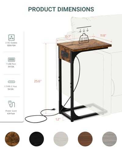 C-Shaped Side Table for Couch - Small Coffee Stand Sofa Tray Desk with Metal Frame Waterproof Scratch Resistant Wood Top and Built-in Charging Station, Rustic Brown - color: Rustic Brown, size: 1-Pack, style: Includes Power Outlets