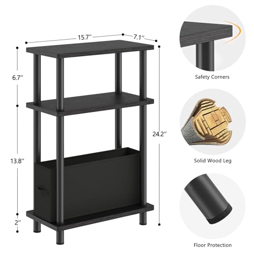 Apicizon Small Narrow Side Table, 3-Tier Skinny End Table withFabric Basket, Slim Nightstand Bedside Table for Small Spaces, Living Room, Bderoom, Black - color: Black, style: Narrow Side Table with Basket