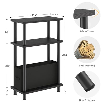 Apicizon Small Narrow Side Table, 3-Tier Skinny End Table withFabric Basket, Slim Nightstand Bedside Table for Small Spaces, Living Room, Bderoom, Black - color: Black, style: Narrow Side Table with Basket