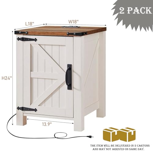 OKD 18" Farmhouse End Table Set of 2, Antique White | Rustic Nightstand, Charging Station, Barn Door, Adjustable Storage Shelf, Wood Sofa Side Table, Living Room, Bedroom - color: Antique White