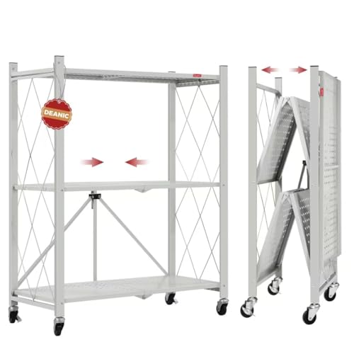 DEANIC 3 Tier Foldable Storage Shelves with Wheels, Kitchen Appliance Stand, Freestanding Metal Wire Shelf Rack, No Assembly Organizer Rolling Cart for Garage, Basement, Pantry(Grey) - color: Grey