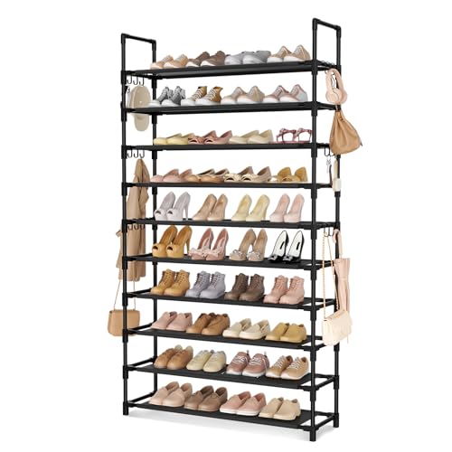 LANTEFUL Tall Shoe Rack 10 Tier Shoe Organizer Large Shoe Shelf with 18 Hooks Storage for 50 Pair, Stackable Vertical Shoe Rack Organizer for Closet, Entryway, Bedroom - color: Black, size: 10 Tier-68" High-34" Wide