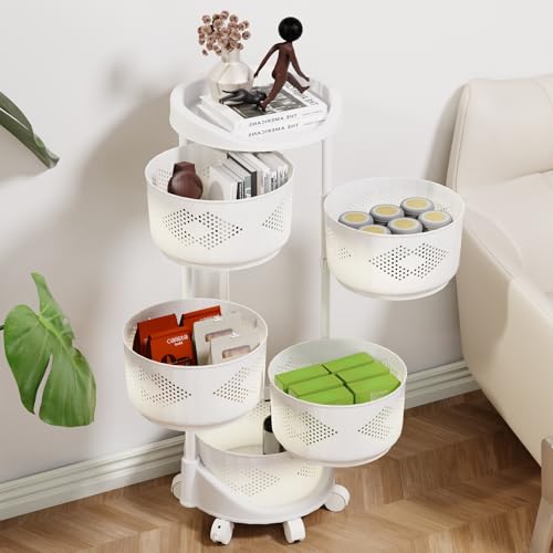 5 Tier Kitchen Storage Cart, Circular Rotating Basket, Storage Rack with 360 Degree Wheels, Fruit And Vegetable Storage, Fruit Vegetable Shelf, Rotatable Basket for Kitchen Bathroom White Five Layers