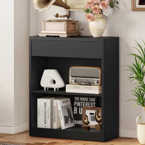 FATORRI Bookshelf with Drawer, Open Storage Bookcase, Freestanding 3-Tier Storage Book Shelf with Rounded Corners for Living Room, Home Office, Bedroom, Kids Room (Black) - color: Black, size: With Drawer