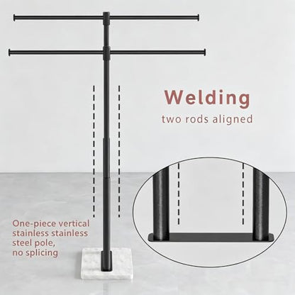 Free Standing Towel Racks Matte Black 2-Tier Towel Holder for Bathroom Floor Stand with Heavy Marble Base Thicken Steady Design Stainless Steel