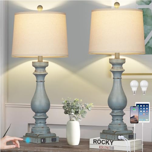 29" Tall Table Lamp for Living Room Set of 2,Coastal Bedside Nightstand Lamps with USB C+A Ports & AC Outlet,3-Way Dimmable Touch Control Retro Blue Desk Lamp for Bedroom,Color 3 - color: Retro Blue
